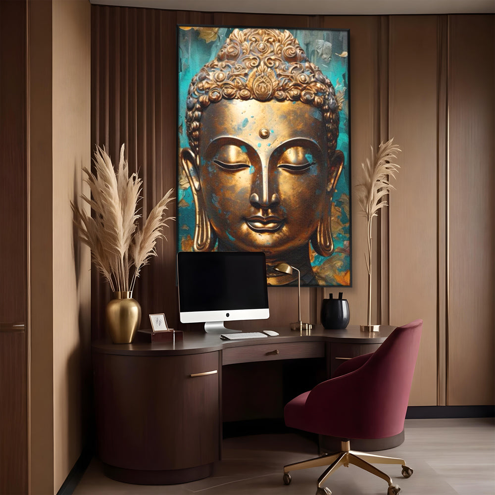 Tablou canvas cu tablou canvas cu capul lui buddha aurit, in rama de aluminiu negru, pe perete intr-un birou